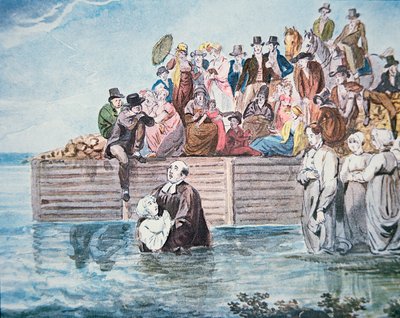Les Anabaptistes de Philadelphie assistent à un baptême par immersion totale dans une rivière (lithographie en couleur) - American School