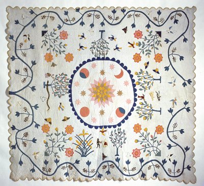 Courtepointe appliquée avec Soleil, Lune, Étoiles et le Jardin d