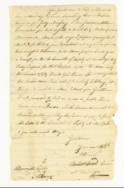 Arnold Benedict (1741-1801) Général, Armée continentale, Traître. Lettre autographe signée ("Benedict Arnold Commr. à Ticonderoga") au Comité de sécurité à Albany, Ticonderoga, 22 mai 1775 - American School