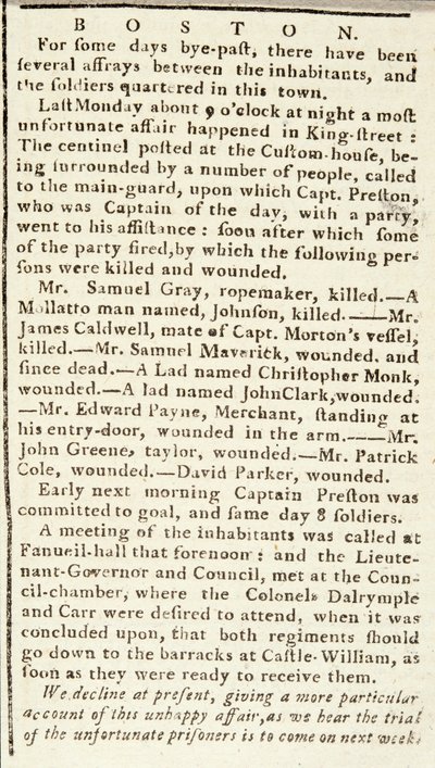 Article du Boston Chronicle détaillant les événements du massacre de Boston, 5 mars 1770 - American School