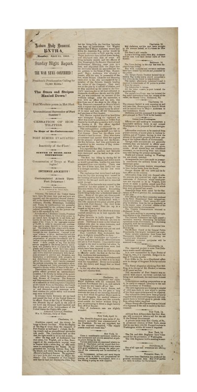 Auburn Daily Democrat Extra re : Fort Sumter, 15 avril 1861 - American School