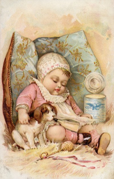 Bébé avec chiot buvant au biberon, publicité pour le lait conservé - American School