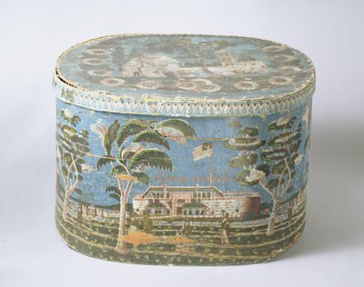 Boîte à chapeaux recouverte de papier imprimé montrant une vue du château, vers 1835 - American School