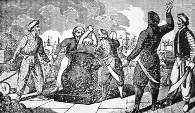 Les corsaires barbaresques renvoient le consul français à Alger à son navire, par canon (gravure) - American School