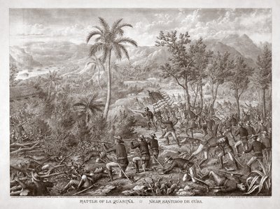 Bataille de La Quasina, près de Santiago de Cuba, pub. 1898 (gravure) - American School