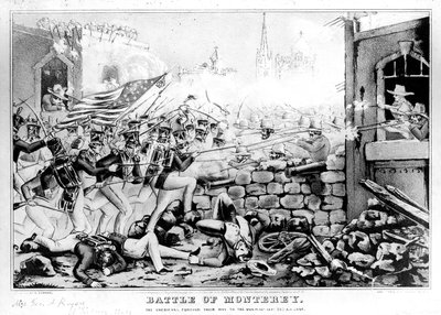Bataille de Monterey : Les Américains forçant leur chemin vers la place principale, 23 septembre 1846, gravée et publiée par Nathanial Currier (1813-88) - American School