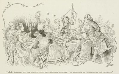 "Bébé, debout sur la table à manger, a courageusement reçu la fusillade de dragées et de bonbons" - American School