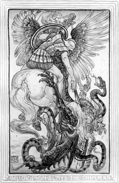 Bellepheron tue la Chimère, tiré de The Wonder-Book for Girls and Boys écrit par Nathaniel Hawthorne, 1852 - American School