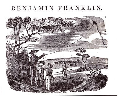 Benjamin Franklin (1706-90) conduit son expérience du cerf-volant - American School