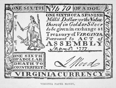 Billet pour un sixième de dollar, monnaie papier de Virginie de 1777 - American School