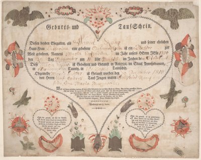 Certificat de naissance et de baptême (Geburts und Taufschein) pour Maria Catharina Raup c.1806 - American School