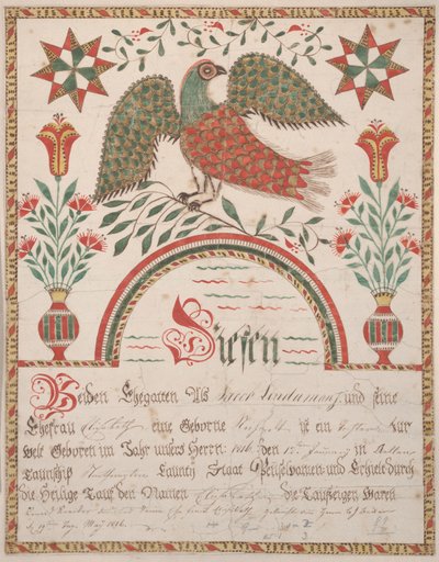 Certificat de naissance et de baptême pour Elisabeth Lindaman, vers 1820 - American School