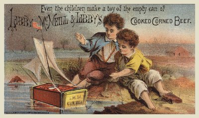 Garçons jouant avec un bateau à voile en boîte de corned-beef - American School