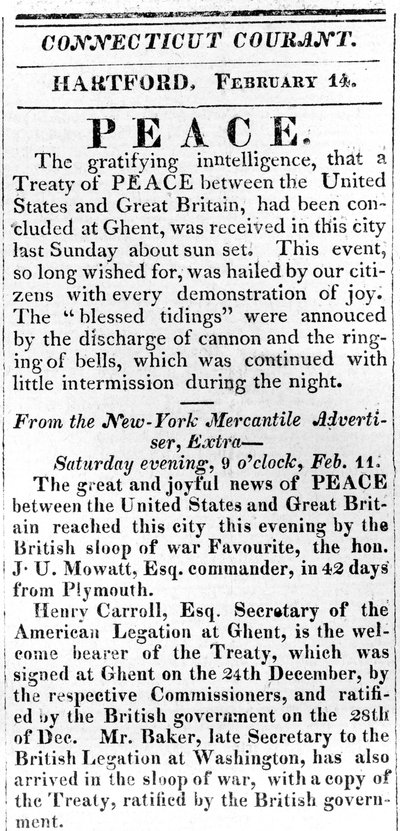 Affiche annonçant la paix entre les États-Unis et la Grande-Bretagne après la guerre de 1812, imprimée dans le Connecticut Courant, 1815 - American School