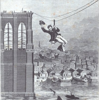 Pont de Brooklyn en construction ; M. Farrington, chef superviseur de la construction, est le premier à traverser la travée entre les deux pylônes le 25 août 1876 (gravure) - American School