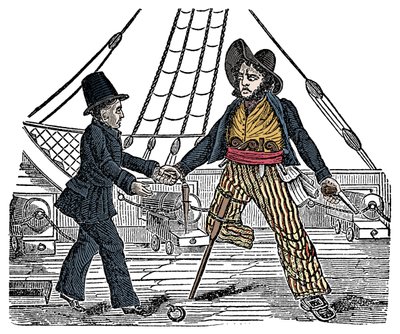 Le capitaine Mackra et le pirate à la jambe de bois Gravure de « The Pirates Own Book » 19ème siècle - American School
