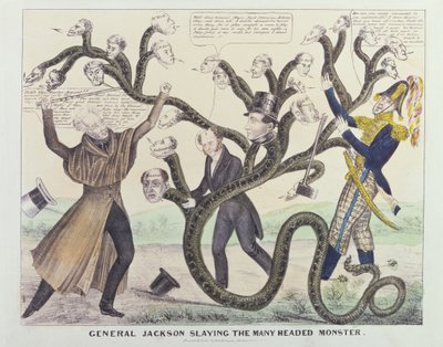 Caricature du général Jackson (1767-1845) tuant le monstre à plusieurs têtes, publiée par H.R. Robinson, vers 1836 - American School