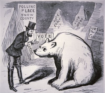Caricature représentant un politicien américain essayant de trouver des électeurs en Alaska inhabitée - American School