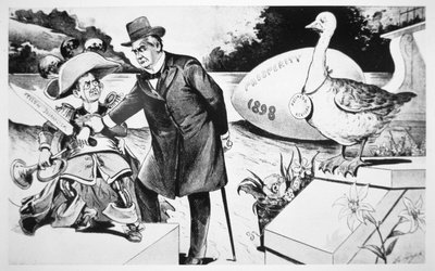 Caricature représentant le président McKinley essayant de faire taire la 