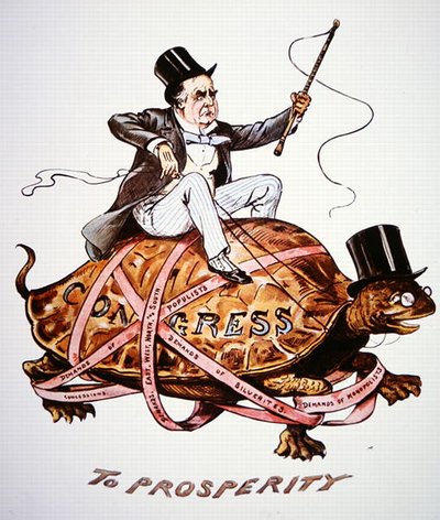 Caricature représentant le président William McKinley (1843-1901) essayant de faire passer ses politiques au congrès (lithographie en couleur) - American School