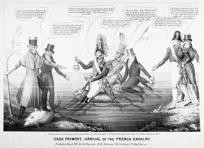 Paiement en espèces - Arrivée de la cavalerie française, publié par H.R. Robinson, New York, 1836 - American School