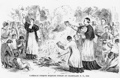 Prêtres catholiques brûlant des bibles à Champlain, New York, illustration d