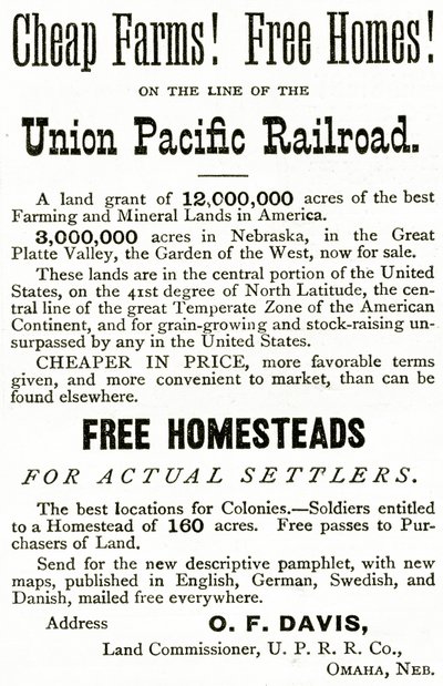 Fermes bon marché et maisons gratuites sur la ligne de chemin de fer Union Pacific, publicité de Appletons Journal, 4 mai 1872 - American School