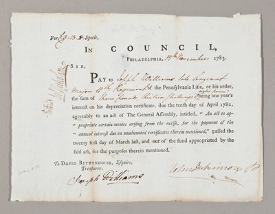 Chèque de trois livres et treize shillings à Joseph Williams, 13 novembre 1783 - American School