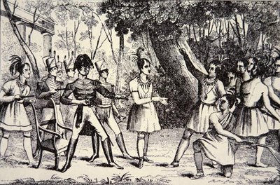 Le chef Tecumseh (1768-1813) défiant le général Harrison (1773-1841) - American School