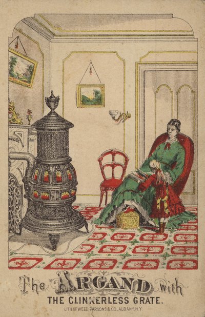 Enfant lisant un livre à sa mère près du poêle - American School