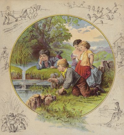Enfants pêchant dans un étang - American School