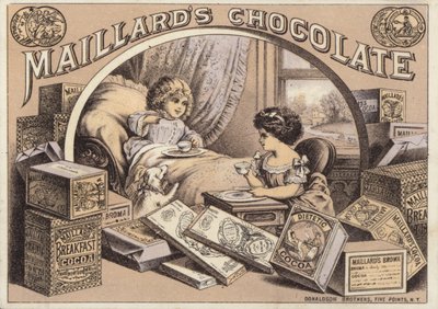 Enfants buvant du chocolat, publicité pour le chocolat Maillards - American School