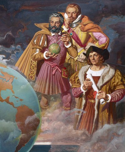 Christophe Colomb, Ferdinand Magellan et Vasco de Gama, vers 1940 - American School