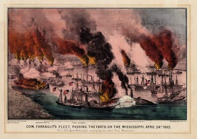 La flotte du Com. Farragut, passant les forts sur le Mississippi, 24 avril 1862, pub. par Currier & Ives, 1862 - American School