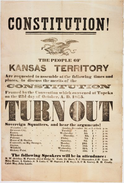 Constitution ! Les habitants du territoire du Kansas sont invités à se rassembler..., imprimé par E. C. K. Garvey & Co., c.23 octobre 1855 - American School