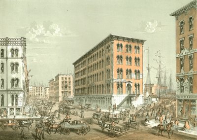 Coin de Clark et South Water Street, de Chicago Illustrated, avec descriptions littéraires par James W. Sheahan, publié par Jevne & Almini, Chicago, 1866-67 - American School