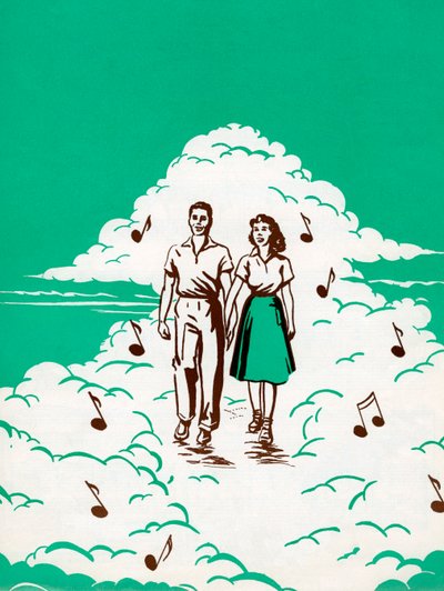 Couple marchant dans les nuages entouré de notes musicales - American School
