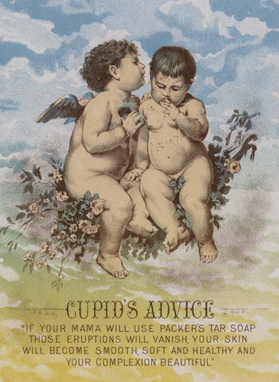 Conseil de Cupidon, carte publicitaire américaine pour le savon au goudron Packers - American School