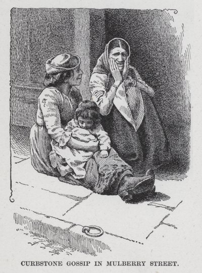 Bavardage sur le trottoir à Mulberry Street (lithographie) - American School