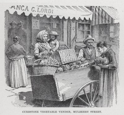 Vendeur de légumes sur le trottoir, Mulberry Street (lithographie) - American School