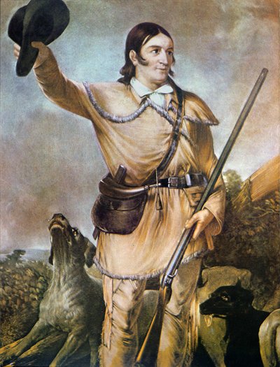 David (Davy) Crockett (1786-1836) avec ses chiens de chasse en 1836 - American School