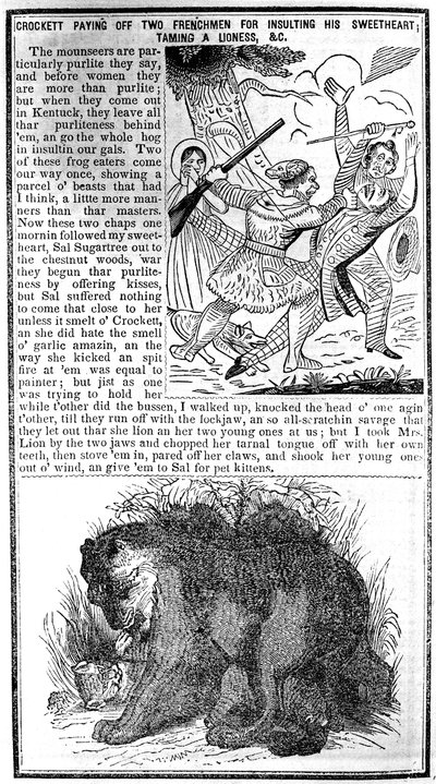 Davy Crockett payant deux Français pour avoir insulté sa bien-aimée, apprivoisant une lionne, etc., illustration tirée de l