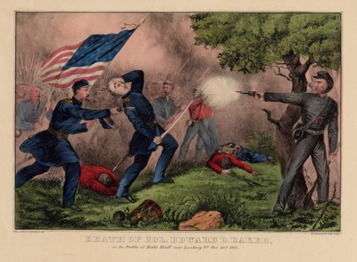 Mort du Col. Edward D. Baker, à la bataille de Balls Bluff près de Leesburg VA., 21 octobre 1861, pub. par Currier & Ives, vers 1861 - American School