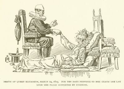 Mort de la reine Élisabeth, 24 mars 1603, Pendant dix jours avant sa mort, elle est restée allongée sur le sol soutenue par des coussins - American School