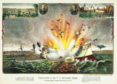 Destruction du cuirassé américain Maine dans le port de La Havane le 15 février 1898, publié en 1898 - American School