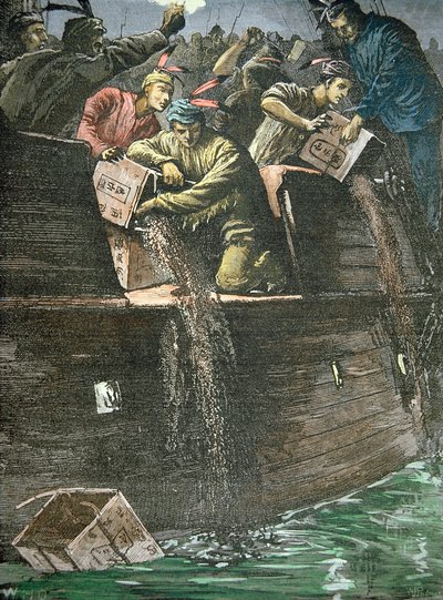 Destruction des cargaisons de thé, connue sous le nom de Boston Tea Party - American School