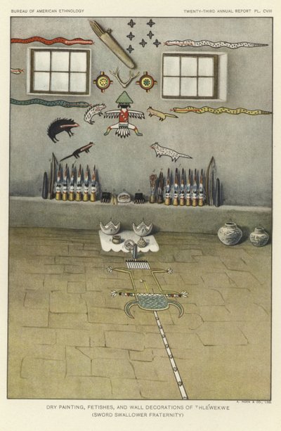Peinture sèche, fétiches et décorations murales des Thlewekwe (confrérie des avaleurs de sabres) (lithographie couleur) - American School