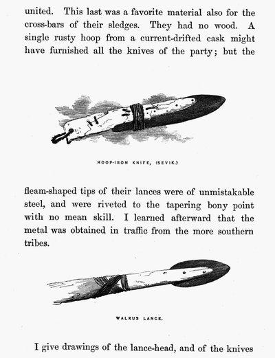 Couteau et lance esquimaux - Elisha Kent Kane, Arctic Explorations in the years 1853-1855, vol. 1, p. 206, Philadelphie - American School