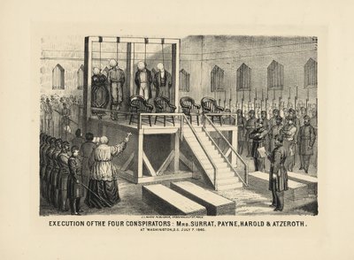 Exécution des quatre conspirateurs : Mme Surrat, Payne, Harold et Atzerith à Washington DC, 7 juillet 1865, pub. 1865 - American School