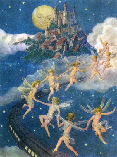 Fées Volant vers un Château dans le Ciel - American School